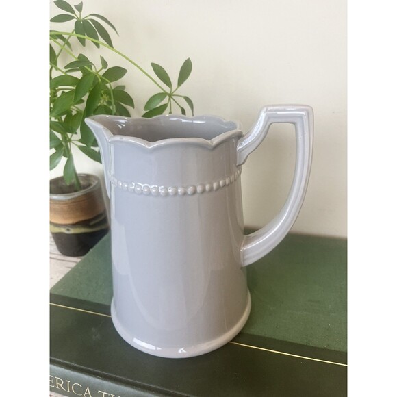 Vintage Gray Farmhouse Ceramic Scalloped Water Pitcher / Country 7.5” USA - Picture 6 of 9